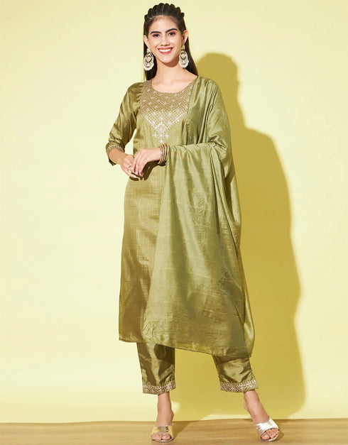 Traditional Function Wear Silk Blend Readymade Suit Mehendi Silk Blend Pant Straight Front View