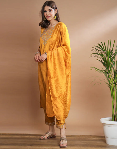 Traditional Function Wear Silk Blend Readymade Suit Mustard Silk Blend Pant Straight Close-up View