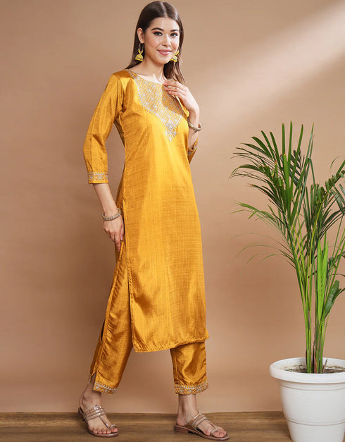 Traditional Function Wear Silk Blend Readymade Suit Mustard Silk Blend Pant Straight Back View