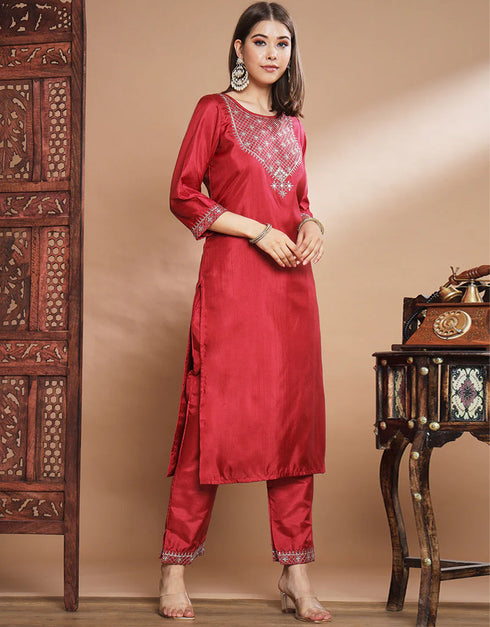 Traditional Function Wear Silk Blend Readymade Suit Red Silk Blend Pant Straight Back View