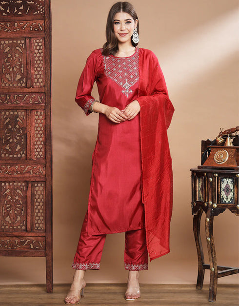 Traditional Function Wear Silk Blend Readymade Suit Red Silk Blend Pant Straight Front View