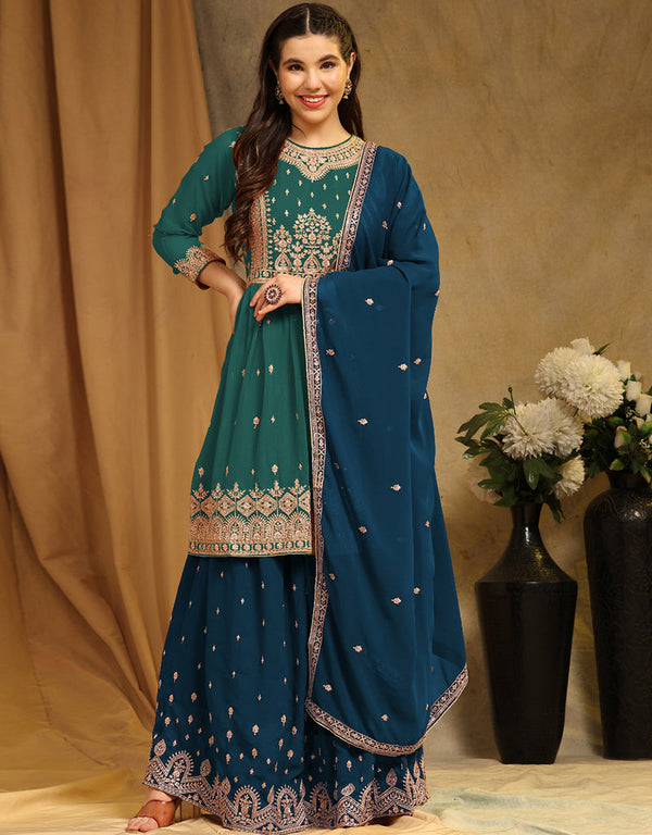 Traditional Party Wear Faux Georgette Salwar Suit Aqua Blue Faux Georgette Lehenga Suit Front View