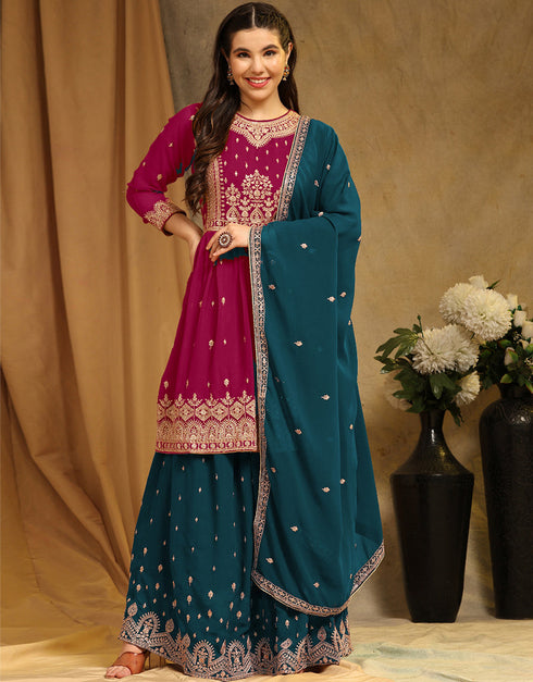 Traditional Party Wear Faux Georgette Salwar Suit Pink Faux Georgette Lehenga Suit Front View