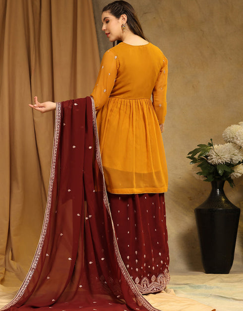 Traditional Party Wear Faux Georgette Salwar Suit Yellow Faux Georgette Lehenga Suit Back View