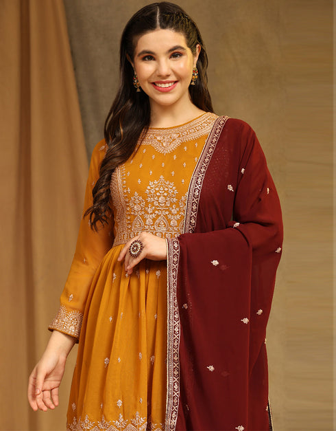 Traditional Party Wear Faux Georgette Salwar Suit Yellow Faux Georgette Lehenga Suit Side View