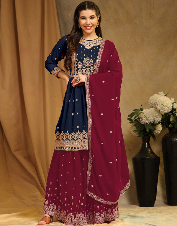 Traditional Party Wear Faux Georgette Salwar Suit Blue Faux Georgette Lehenga Suit Front View