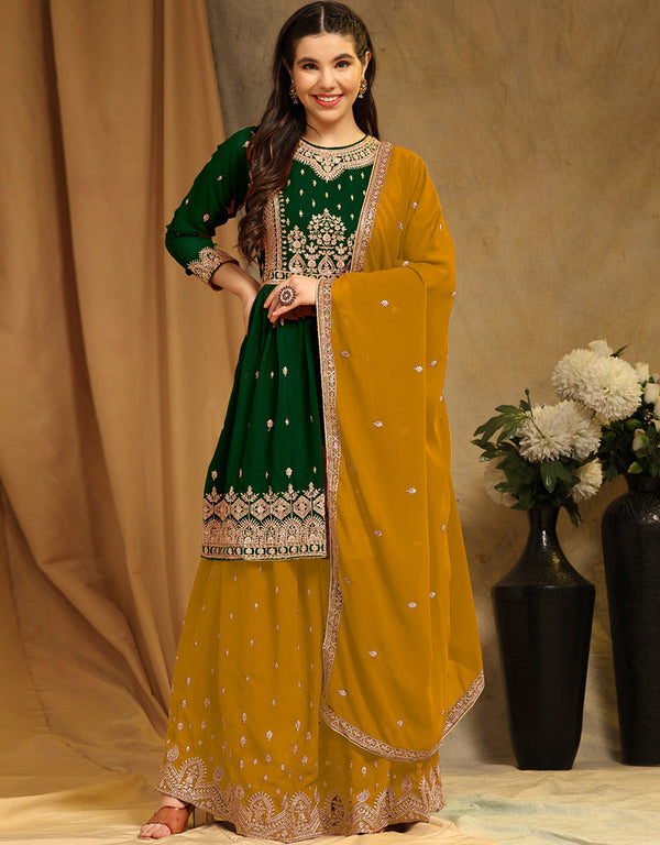 Traditional Party Wear Faux Georgette Salwar Suit Green Faux Georgette Lehenga Suit Front View