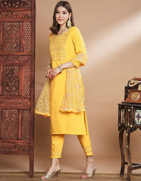 Traditional Function Wear Heavy Cotton Readymade Suit Yellow Heavy Cotton Pant Straight Close-up View