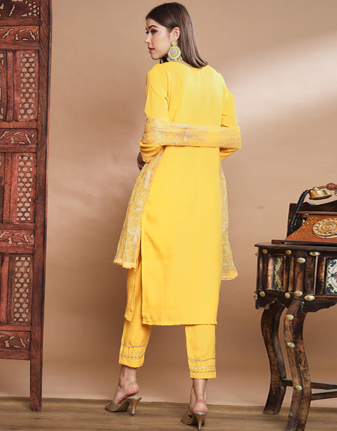 Traditional Function Wear Heavy Cotton Readymade Suit Yellow Heavy Cotton Pant Straight Back View