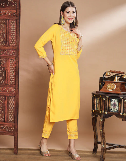 Traditional Function Wear Heavy Cotton Readymade Suit Yellow Heavy Cotton Pant Straight Side View