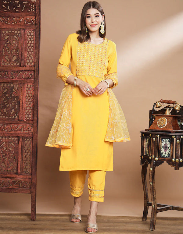 Traditional Function Wear Heavy Cotton Readymade Suit Yellow Heavy Cotton Pant Straight Front View