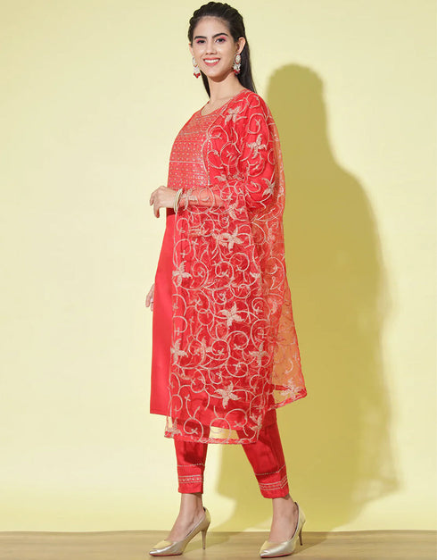 Traditional Function Wear Heavy Cotton Readymade Suit Red Heavy Cotton Pant Straight Close-up View