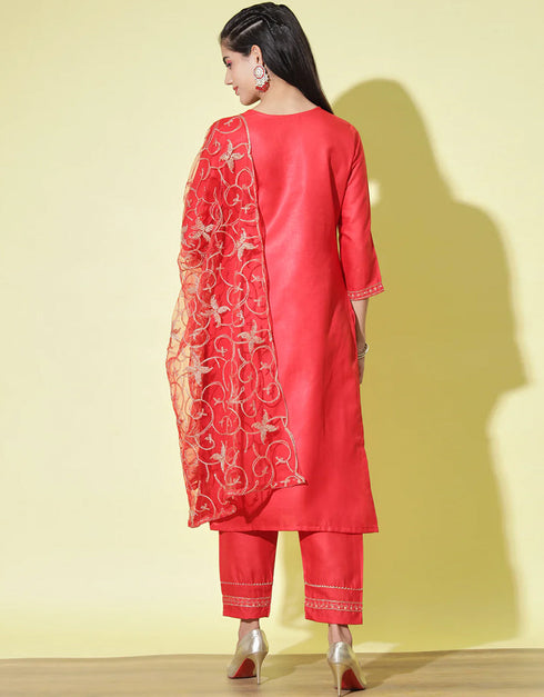 Traditional Function Wear Heavy Cotton Readymade Suit Red Heavy Cotton Pant Straight Back View