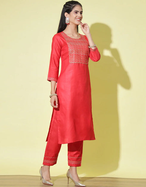 Traditional Function Wear Heavy Cotton Readymade Suit Red Heavy Cotton Pant Straight Side View