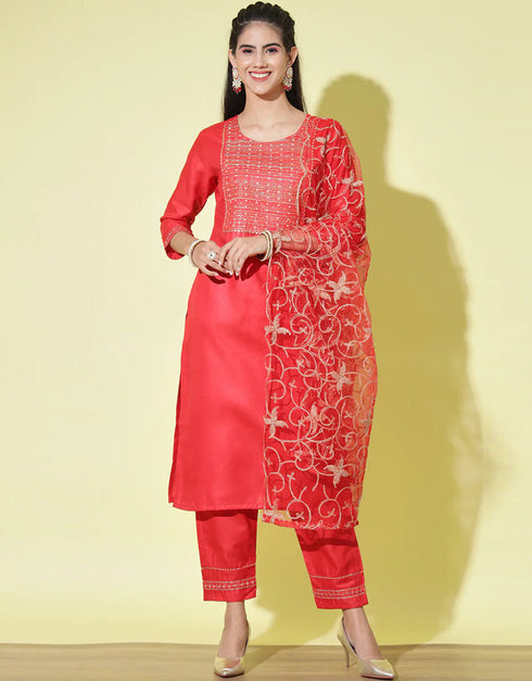 Traditional Function Wear Heavy Cotton Readymade Suit Red Heavy Cotton Pant Straight Front View