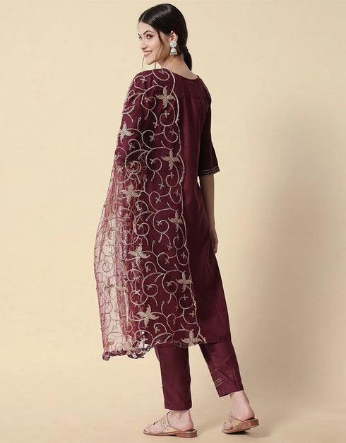 Traditional Function Wear Heavy Cotton Readymade Suit Purple Heavy Cotton Pant Straight Back View