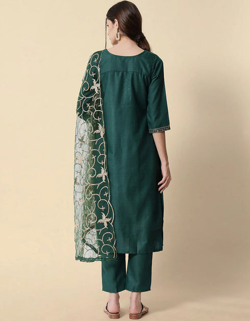 Traditional Function Wear Heavy Cotton Readymade Suit Green Heavy Cotton Pant Straight Back View