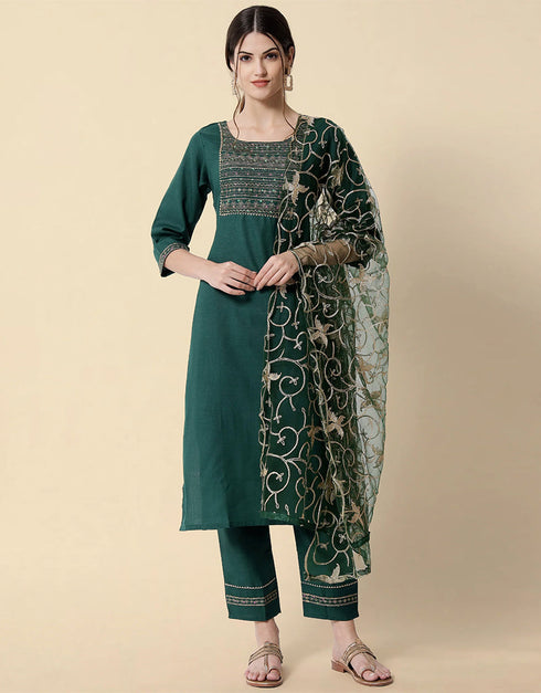 Traditional Function Wear Heavy Cotton Readymade Suit Green Heavy Cotton Pant Straight Front View