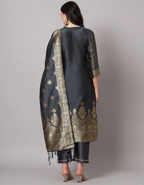 Traditional Function Wear Cotton Silk Jacquard Readymade Suit Grey Cotton Silk Jacquard Pant Straight Side View