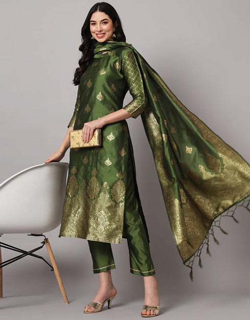 Traditional Function Wear Cotton Silk Jacquard Readymade Suit Mehandi Cotton Silk Jacquard Pant Straight Close-up View