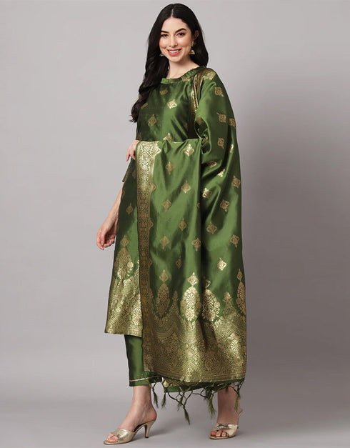 Traditional Function Wear Cotton Silk Jacquard Readymade Suit Mehandi Cotton Silk Jacquard Pant Straight Back View