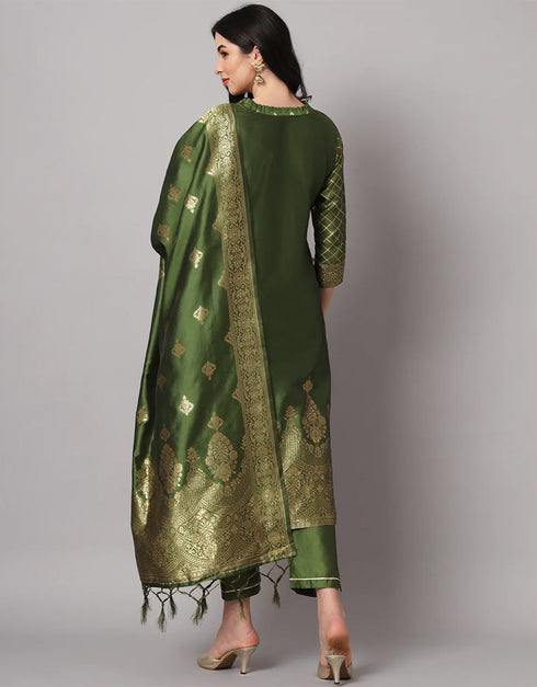 Traditional Function Wear Cotton Silk Jacquard Readymade Suit Mehandi Cotton Silk Jacquard Pant Straight Side View