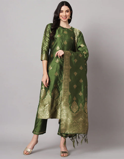 Traditional Function Wear Cotton Silk Jacquard Readymade Suit Mehandi Cotton Silk Jacquard Pant Straight Front View