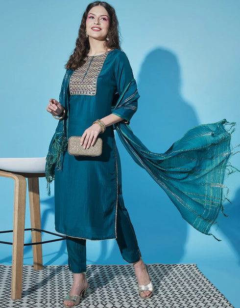 Traditional Function Wear Cotton Silk Jacquard Readymade Suit Teal Cotton Silk Jacquard Pant Straight Close-up View