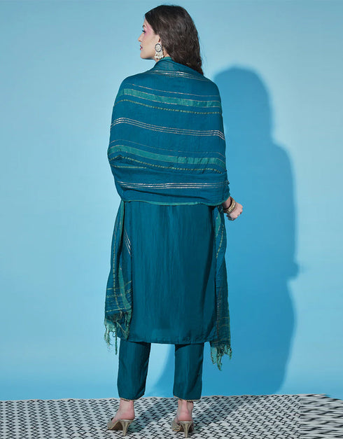 Traditional Function Wear Cotton Silk Jacquard Readymade Suit Teal Cotton Silk Jacquard Pant Straight Side View