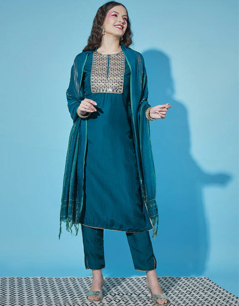 Traditional Function Wear Cotton Silk Jacquard Readymade Suit Teal Cotton Silk Jacquard Pant Straight Front View