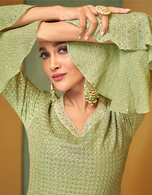 Real Georgette Pista Green Dress Suit Anarkali Bottom Closure View