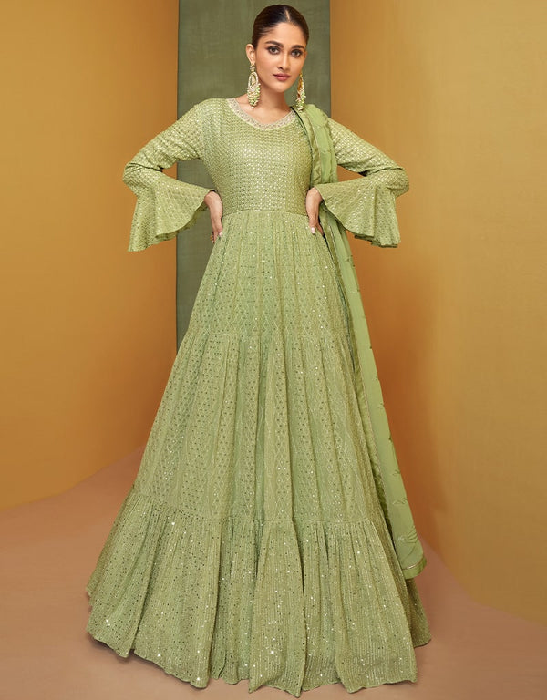 Real Georgette Pista Green Dress Suit Anarkali Bottom