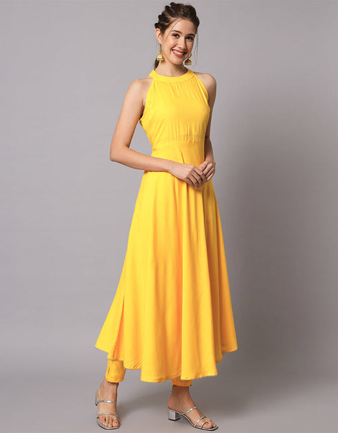 Traditional Function Wear Viscose Rayon Readymade Suit Yellow Viscose Rayon Pant Straight Back View