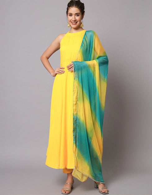Traditional Function Wear Viscose Rayon Readymade Suit Yellow Viscose Rayon Pant Straight Front View