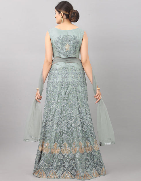 Designer Wedding Wear Heavy Net Lehenga Choli Collection Grey Net Lehenga Choli Close-up View