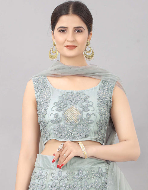 Designer Wedding Wear Heavy Net Lehenga Choli Collection Grey Net Lehenga Choli Front View