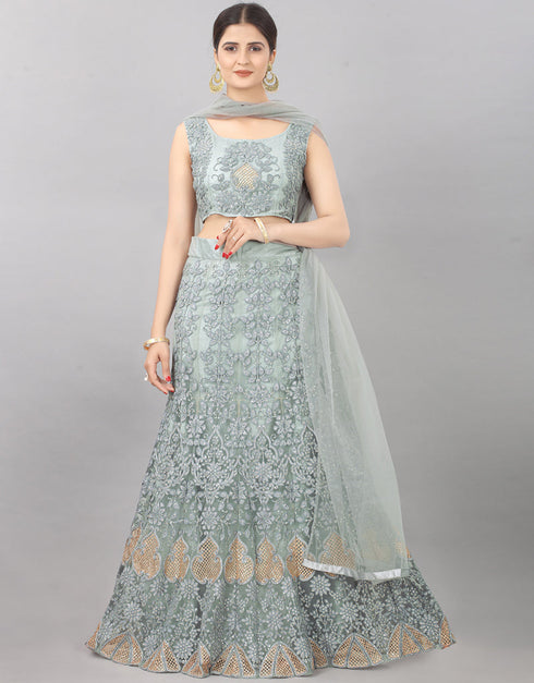 Designer Wedding Wear Heavy Net Lehenga Choli Collection Grey Net Lehenga Choli Front View