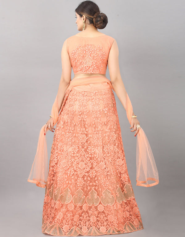 Designer Wedding Wear Heavy Net Lehenga Choli Collection Orange Net Lehenga Choli Close-up View