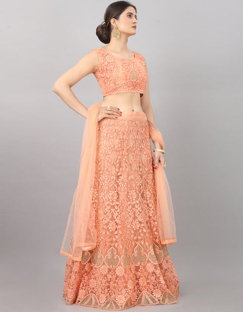 Designer Wedding Wear Heavy Net Lehenga Choli Collection Orange Net Lehenga Choli Back View