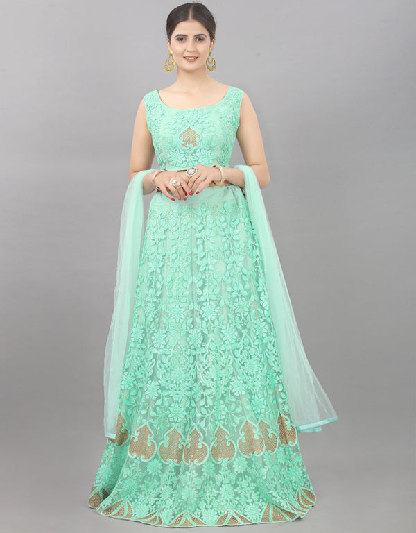 Designer Wedding Wear Heavy Net Lehenga Choli Collection Turquoise Net Lehenga Choli Front View