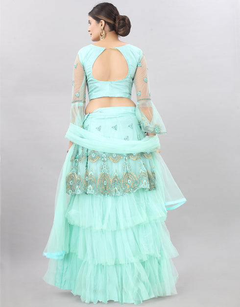 Designer Heavy Lehenga Choli Collection Turquoise Net Lehenga Choli Close-up View