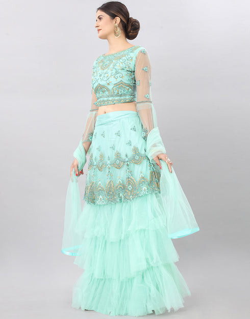 Designer Heavy Lehenga Choli Collection Turquoise Net Lehenga Choli Back View