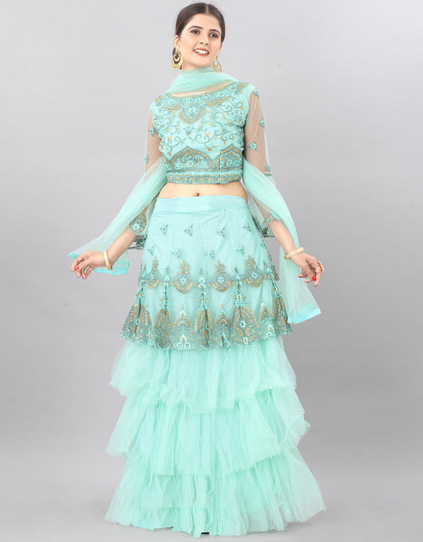 Designer Heavy Lehenga Choli Collection Turquoise Net Lehenga Choli Front View