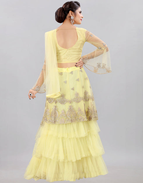 Designer Heavy Traditional Salwar Kameez Yellow Net Lehenga Choli Close-up View