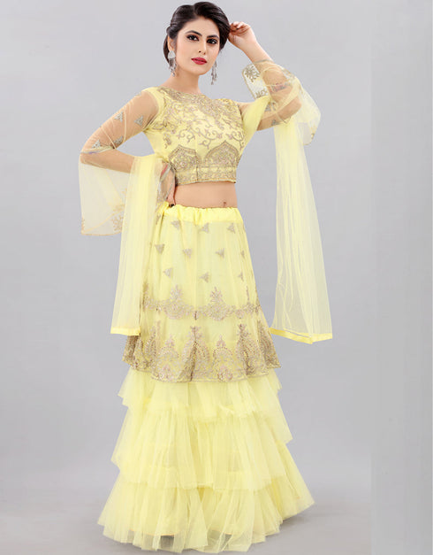 Designer Heavy Traditional Salwar Kameez Yellow Net Lehenga Choli Back View