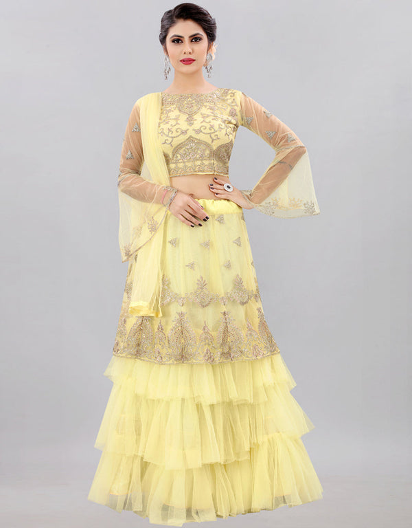 Designer Heavy Traditional Salwar Kameez Yellow Net Lehenga Choli Front View