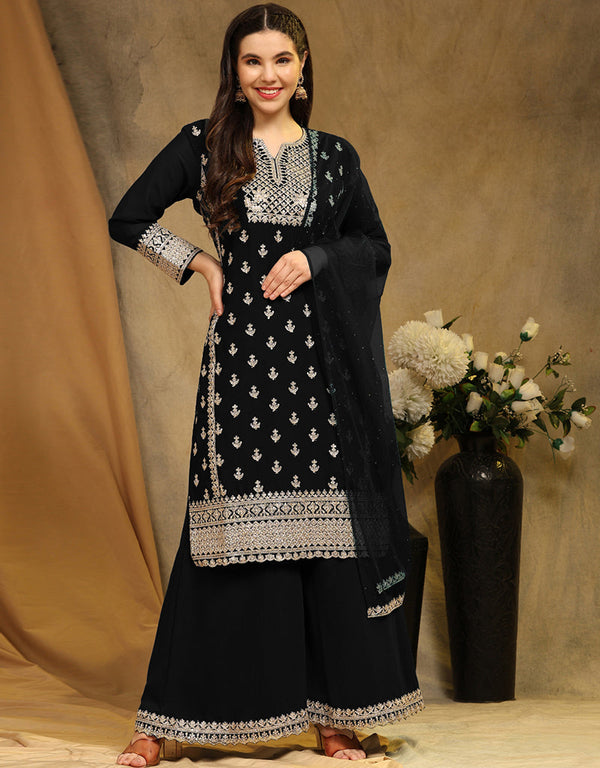 Traditional Party Wear Faux Georgette Salwar Suit Black Faux Georgette Palazzo Suit Front View