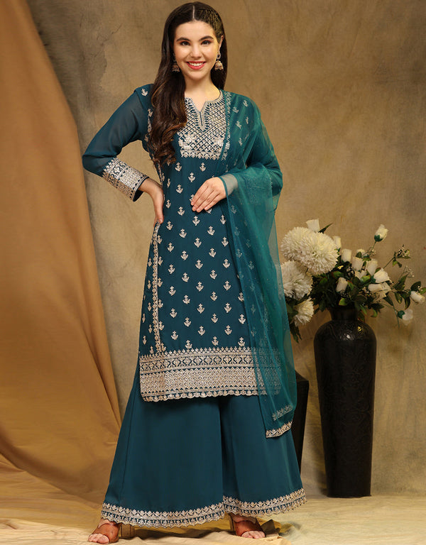 Traditional Party Wear Faux Georgette Salwar Suit Aqua Blue Faux Georgette Palazzo Suit Front View