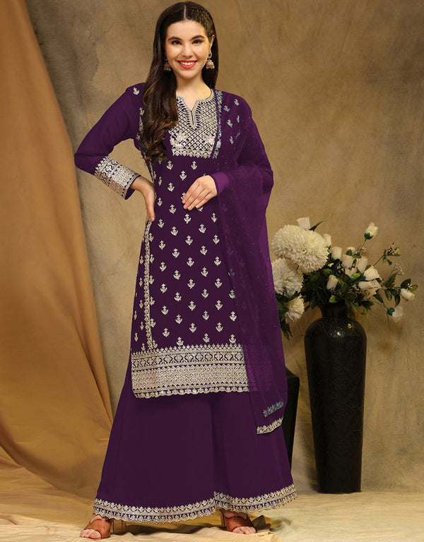 Traditional Party Wear Faux Georgette Salwar Suit Purple Faux Georgette Palazzo Suit Front View