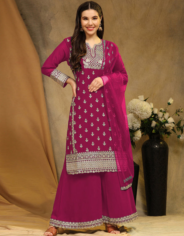 Traditional Party Wear Faux Georgette Salwar Suit Pink Faux Georgette Palazzo Suit Front View